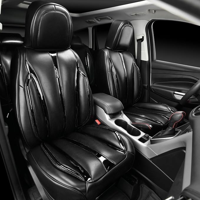 CAR PASS Ultra+ Nappa Patent Leather Car Seat Covers Full Set Universal Cushioned,Soft Breathable Waterproof Anti-Slip Driver Seats Backrest for SUV Pick-up Truck Sedan,5 Seats Aether Lustre All Black - Image 3