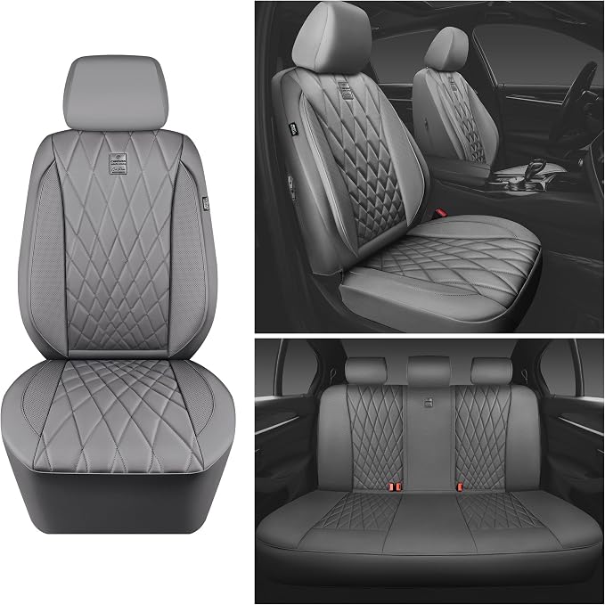 CAR PASS Piping Luxury Leather Seat Covers Full Set,5 Seats Anti-Slip Waterproof Seat Covers Compatible with Front Armrests,Universal Fit for Sendans, Suvs,Vans,Trucks,Airbag Compatible,Pure Gray - Image 8