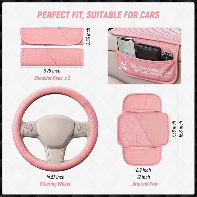 4 Pcs Pink Car Interior Accessories Set - (Pink) | Universal Fit 15 inch Steering Wheel Cover, Console Armrest Pad with Side Storage Pockets, Seat Belt Pads , for woman - Image 2