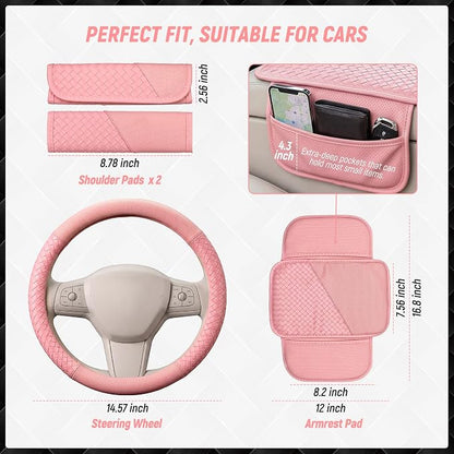 4 Pcs Pink Car Interior Accessories Set - (Pink) | Universal Fit 15 inch Steering Wheel Cover, Console Armrest Pad with Side Storage Pockets, Seat Belt Pads , for woman - Image 2