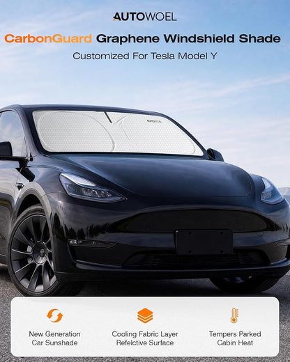 Windshield Sun Shade for Tesla Model 3/Y 2014-2026, Foldable, Car Accessory | Graphene Activated Carbon, Odor-Absorbing, UV and Heat Blocking, Storage Bag Included, Helps Keep the Parked Interior Cooler - Image 2