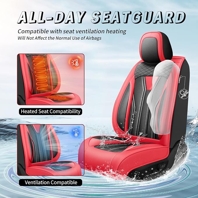 Fit Tundra Premium Leather Car Seat Covers for Toyota Tundra 2007-2025 2026 - Waterproof，Breathable，All-Weather Seat Cushion Protecto & Airbag Compatible, Full Set Red&Black - Image 4