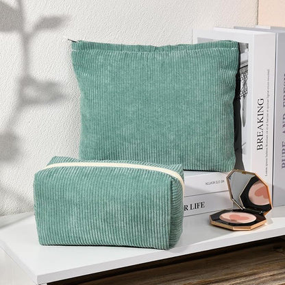 SOIDRAM 2 Pieces Makeup Bag Large Corduroy Cosmetic Bag Capacity Canvas Mix Travel Toiletry Bag Organizer Cute Makeup Brushes Aesthetic Accessories Storage Bag for Women, Corduroy Mix Green - Image 2