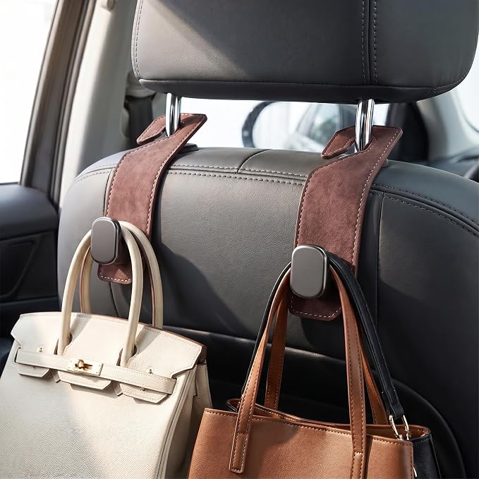 Purse Hook for Car Seat Headrest, Suede Car Purse Hook, Heavy Duty Car Hook Organizer for Handbags, Grocery Bags & Backpacks, Universal Car Hooks for SUV Truck Interior(Brown,2pcs) by Unknown