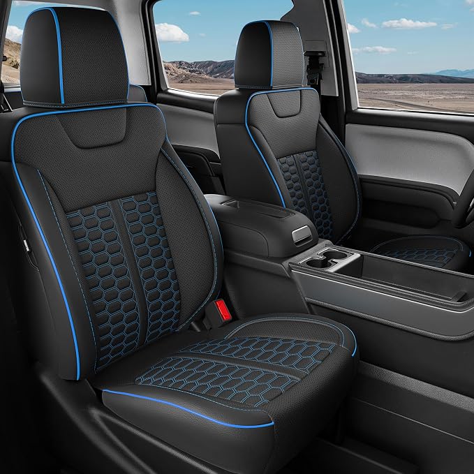 RIDEPOSH Custom Leather Seat Covers for Silverado/Sierra 1500 2014-2018 | Only Crew Cab, Fits 2500/3500HD 2015-2019, Jump Seat Cover(armrest storage only), Protective, Scratch-resistant, Easy-clean by RIDEPOSH