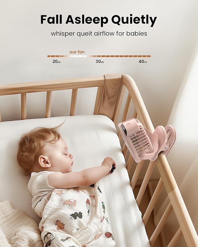 Koonie Portable Clip-On Fan, Small Rechargeable Battery Operated, 3 Speeds | Pink Mini Clamp Fan With LED Display, 360° Rotate Personal Cooling Desk Fan for Stroller Bed Travel Camping Golf Gym - Image 4