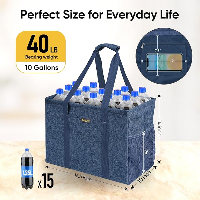 BALEINE Extra Large Utility Tote Bag with Reinforced Wire Frame, Reusable Grocery Bag for Shopping, Picnic (Blue, 16.5''x14''x10'') - Image 2