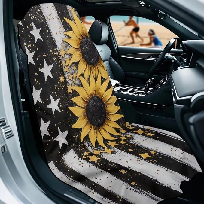 American Flag Sunflower Towel Seat Covers for Cars Front Seat Only Sunflowers Car Seat Cover Protector with Storage Bag American Flag Auto Interior Accessories 4Th of July Sweat Yoga Towel - Image 2