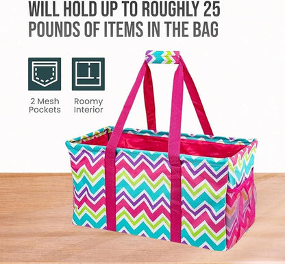 Extra Large Utility Tote Bag - Oversized Collapsible Reusable Wire Frame Rectangular Canvas Basket With Two Exterior Pockets For Beach, Pool, Laundry, Car Trunk, Storage - Chevron Multi - Image 5