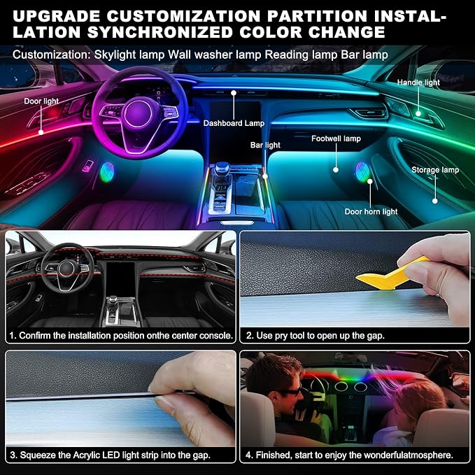 Dreamcolor Acrylic Interior Car LED Strip Light with Wireless APP, RGB 22 in 1 with 175 inches 612 LEDs Fiber Optic Strip Lights for Car, Dual Zone Symphony Neon Car Ambient Lighting - Image 7