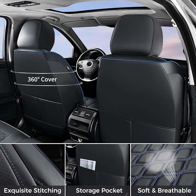 Huidasource 2007-2017 Wrangler JK Seat Covers 2 Door Full Set, Black&Blue | Waterproof Leather Custom Car Seat Cover, JK Seat Cushion Protector Fit for Jeep Wrangler JK 2-Door Sahara Sport Rubicon - Image 2