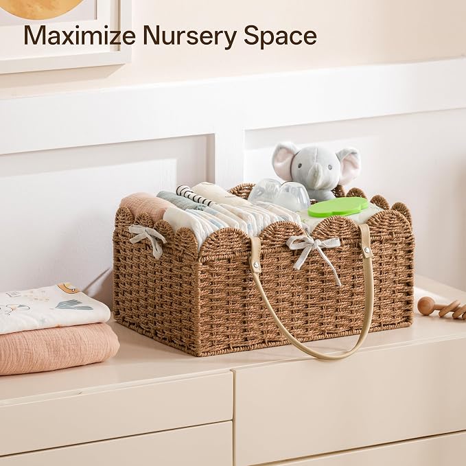 Paper Rope Diaper Caddy, Scalloped Baskets with Removable Divider | Woven Floral Baby Diaper Organizer for Changing Table,Baby Shower Gifts,Portable Car Organizer for Diapers - Image 6