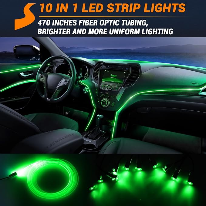 Interior Car LED Strip Lights 470 inches Fiber Optic tubing USB Powered RGB 10 in 1 Car Neon with Wireless APP and Remote Control, Ambient Lighting Kits 16 Million Colors,Sync to Music - Image 2
