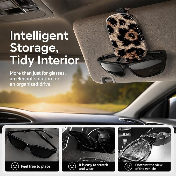 Sunglasses Holder for Car Visor, PU Leather Glasses Clip Organizer, Cute Magnetic Eyeglass Holder for Vehicle Sun Visor, Car Interior Accessory for Women & Men, Leopard Classic - Image 2