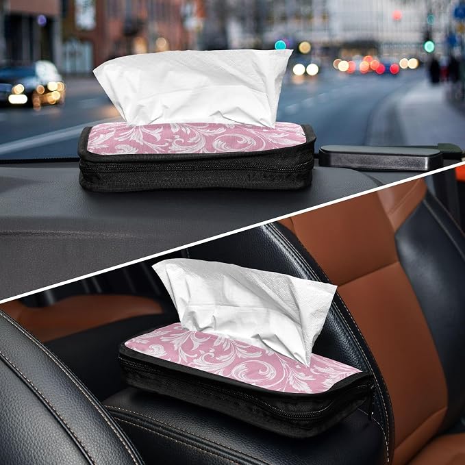Car Tissue Holder Car Napkin Holder Tissue Box Dispenser Storage Case Sun Visor Mask Holder Accessories with Adjustable Straps Reusable Refillable Pink Damask Swirl - Image 8