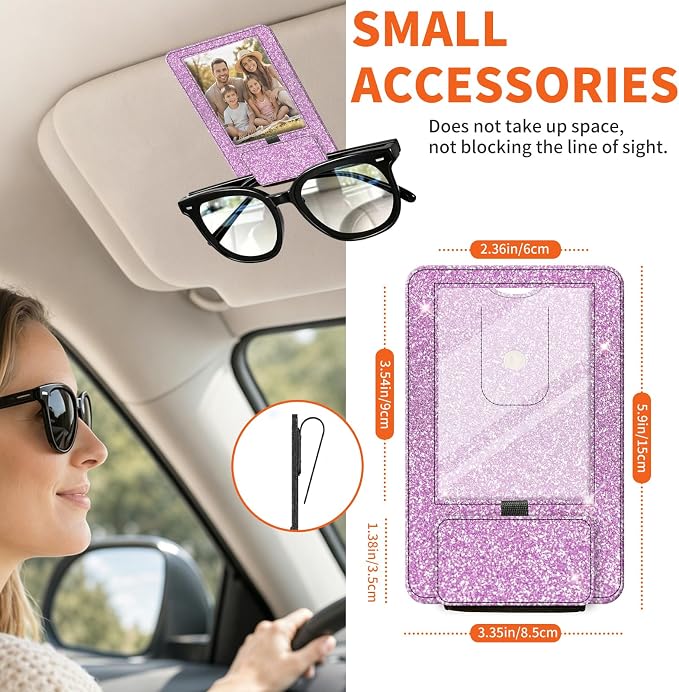2-in-1 Car Visor Sunglasses & Photo Holder, Magnetic PU Leather Glasses Clip with Picture Display Slot, Universal Sun Visor Organizer for Eyeglasses, Personalized Cards & Memories, Lavender Glitter - Image 5