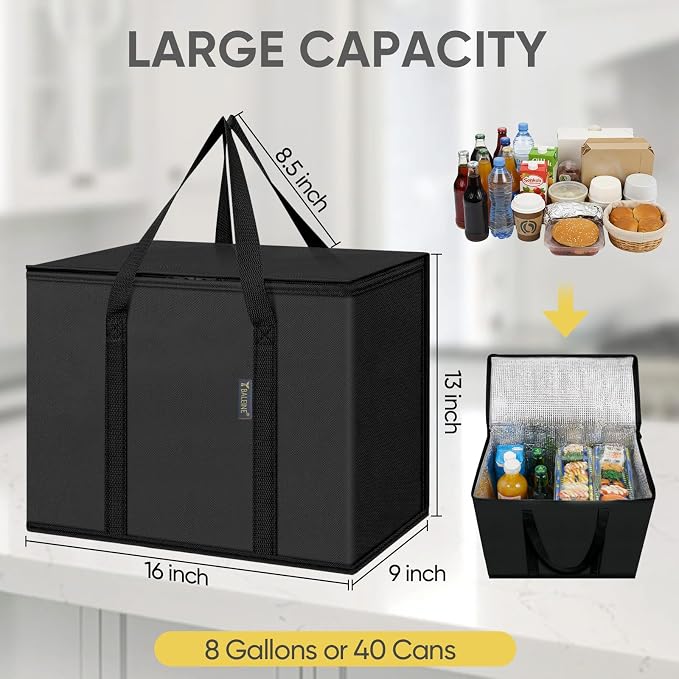 BALEINE 2Pk Insulated Reusable Grocery Bags, Collapsible Cooler Bag for Groceries, Heavy Duty Large Insulated Bag (16''x9''x13'', Charcoal Black) (Pack of 3) - Image 4