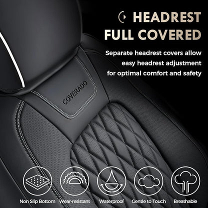Coverado Premium Leather Front Seat Covers Waterproof Heavy-Duty Protectors Custom Fit for Ford F150 (2015-2026) F250/F350/F450 (2017-2026)-Black w/White Stitching, Wear-Resistant - Image 4