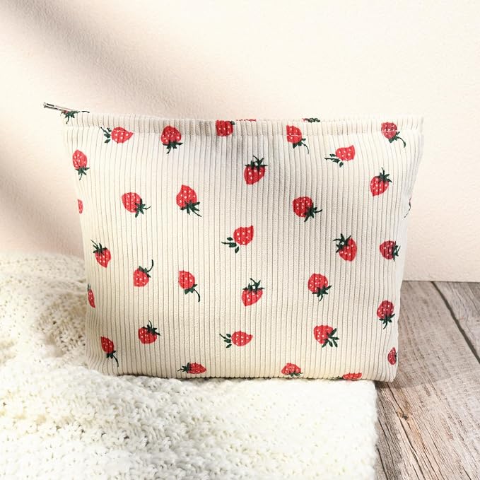 SOIDRAM 2 Pcs Cute Makeup Bag Large Cosmetic Bag Toiletry Bag Makeup Pouch Travel Bag Organizer Cute Makeup Brushes Aesthetic Accessories Storage Bag for Women Strawberry Beige - Image 5