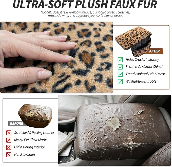 Plush Fuzzy Car Center Console Cover with Side Pockets, Leopard Print | Fluffy Armrest Cushion Pad,Soft Car Interior Accessories with Storage for Men & Women. Universal Fit for Vehicles SUV Truck - Image 5