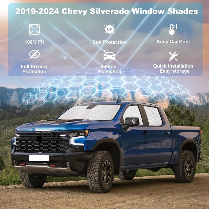 XCBYT 2019–2026 GMC Sierra 1500 & Silverado 1500 Crew Cab Window Shades | Keeps your car cool and 100% dark. Perfect for car camping, sleeping, lunch breaks, or protecting pets in hot climates - Image 3