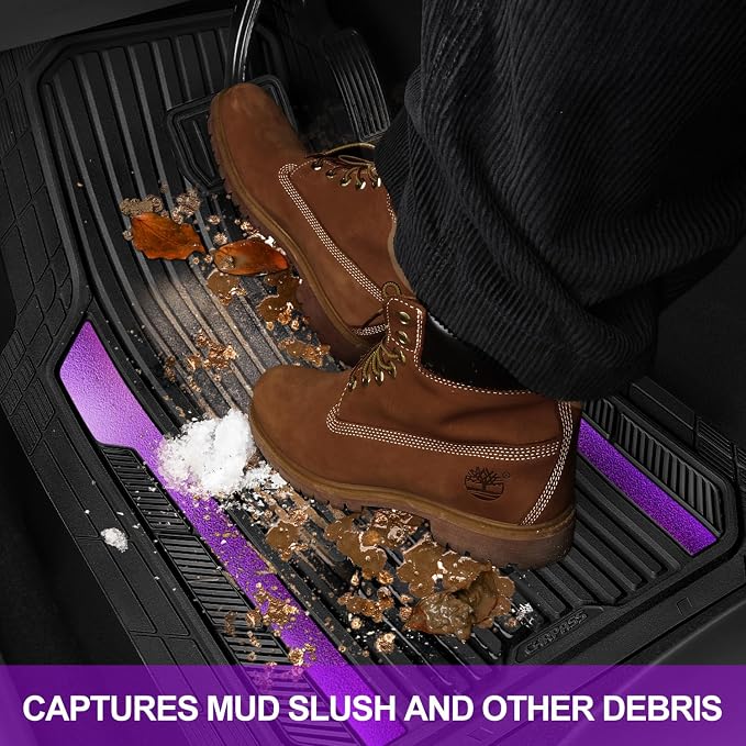 CAR PASS Heavy Duty Rubber Car Mats Metallic,Aluminum Film All Weather Floor Mats Waterproof Universal Trim to Fit SUVs Sedans Vans 4 Piece Anodized Deep Dish Two-Tone Sporty Black Purple Chrome - Image 7