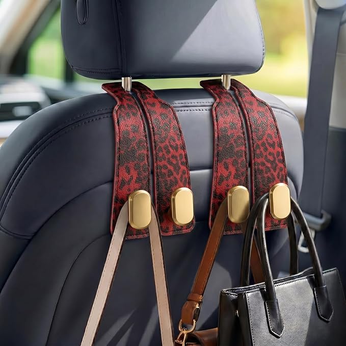 Purse Hook for Car Seat Headrest,Suede Car Purse Hook,Heavy Duty Car Hooks Organizer for Handbags,Grocery Bags & Backpacks,Universal Car Hooks for SUV Truck Interior (Red Leopard Print, Double hook) by Unknown