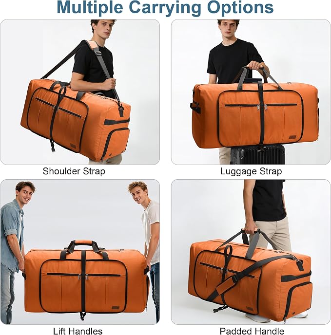 80L EXTRA LARGE Duffle Bag for Travel, 26" Foldable Travel Duffel Bag with Shoe Compartment for Men Women, Waterproof & Tear Resistant (Orange, EXTRA LARGE, 80L) - Image 6