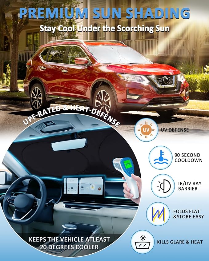 Windshield Sun Shade for 2014-2020 Nissan Rogue Sun Visor Protector | Sunshade Fit Rogue Accessories Foldable Upgrade Front Window Sun Visor Protector Blocks UV Rays Keep Your Car Cooler - Image 2