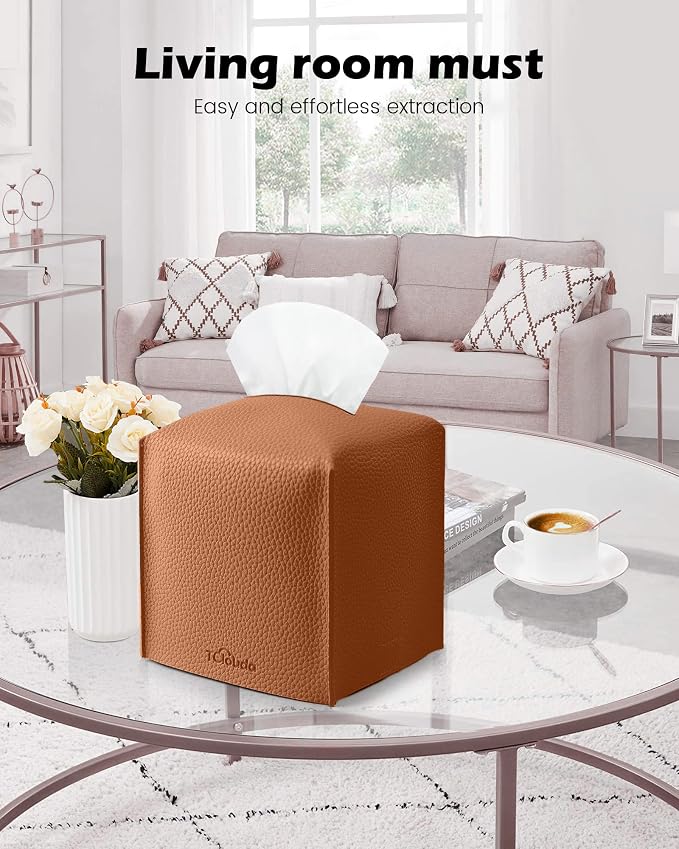 Tissue Box Cover for PU Leather, Modern Simple Solid Color Holder Square Tissue Bag, Ideal for Bathrooms,Office,Car,Nightstand,Outdoor Tent,Dining Table,5"X5"X5", Double Camel - Image 3