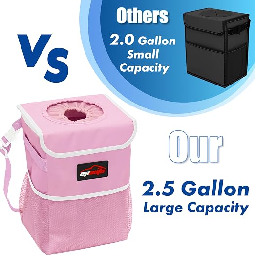 EPAuto Waterproof Car Trash Can with Lid and Pockets, 2.5 Gal, Pink | Leakproof, Collapsible Multipurpose Car Bin with 3 Side Storage Pockets, Adjustable Straps - Image 6