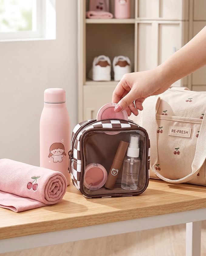 Clear Checkered Makeup Bag, Small Cosmetic Pouch with Zipper Mini Waterproof Makeup Purse Organizer Cute Cosmetic Bag Travel TSA Approved Toiletry Bag Car Organizer for Women Girls (Brown) - Image 7