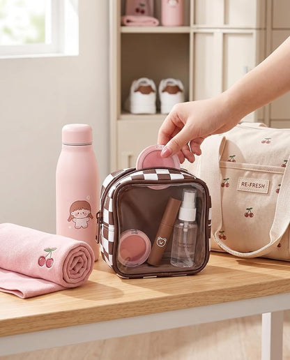 Clear Checkered Makeup Bag, Small Cosmetic Pouch with Zipper Mini Waterproof Makeup Purse Organizer Cute Cosmetic Bag Travel TSA Approved Toiletry Bag Car Organizer for Women Girls (Brown) - Image 7
