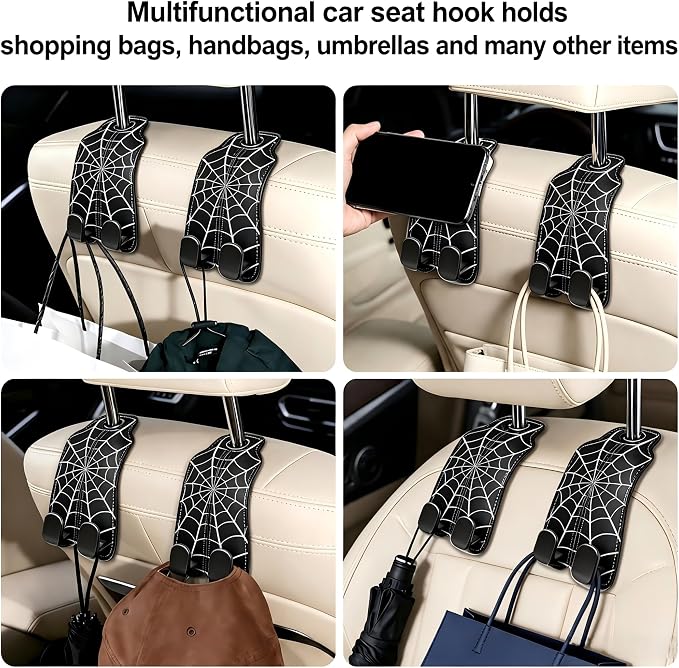 Car Seat Back Headrest Hooks - 2 Pack, Cobweb Pattern Purse Hook for Car, Metal Leather Multifunctional Auto Hanger Organizer for Bags Water Bottles Phones - Image 6