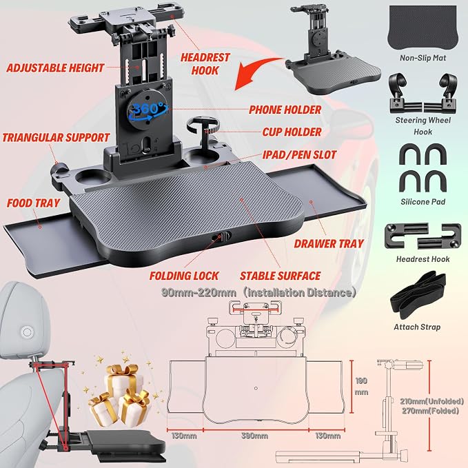Car Back Seat Tray Table for Older Kids & Passengers, Road Trip Travel | Sturdy Desk Holds Laptop/Meals, 360° Rotatable Phone Holder & Dual Cup Slots, Adjustable Height for Older Kids & Adults - Image 6