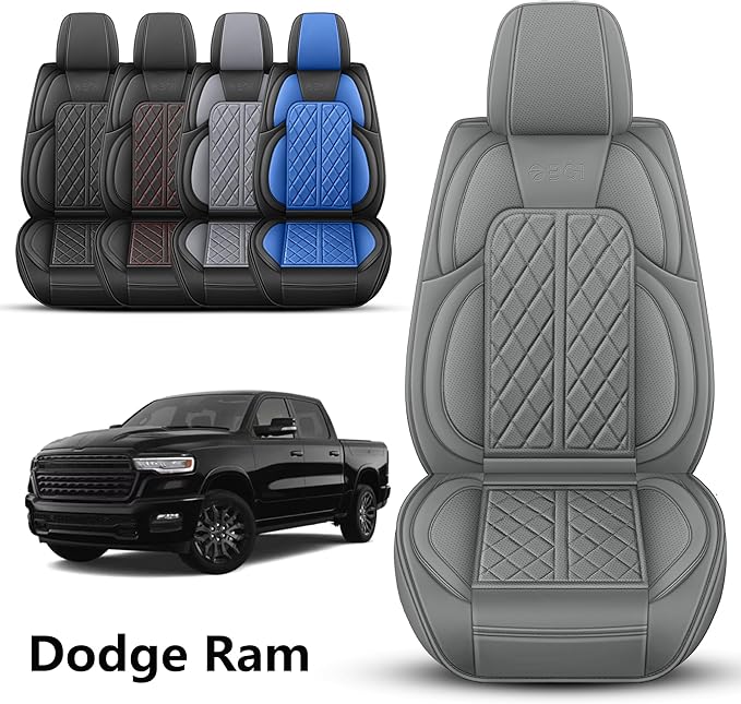 Car Seat Cover Custom Fit for Dodge Ram 1500 2500 3500 2002-2026 Faux Leather Seat Cover Set Compatible with Crew Quad Regular Cab Pickup Truck Cushions (Grey, Front Seat) - Image 2