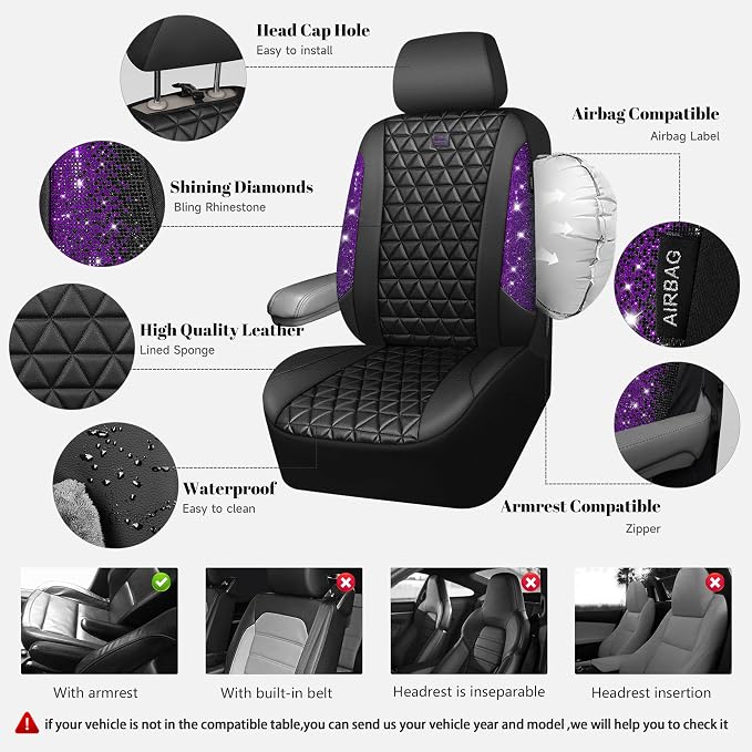 CAR PASS Bling Diamond Leather Car Seat Covers Full Seats Interior Sets, Waterproof Shining Glitter Sparkly Crystal Universal Armrest Fit Automotive Truck SUV Cute Women Girl, Black Purple Rhinestone - Image 3