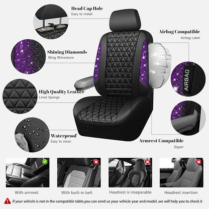 CAR PASS Bling Diamond Leather Car Seat Covers Full Seats Interior Sets, Waterproof Shining Glitter Sparkly Crystal Universal Armrest Fit Automotive Truck SUV Cute Women Girl, Black Purple Rhinestone - Image 3