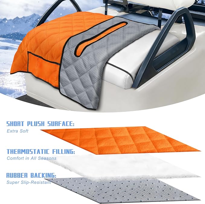 YOKYHOM Golf Cart Seat Covers with 4 Front Pockets, Thick Seat Towel Blanket with Non-Slip Backing, Fits EZGO, Club Car, Yamaha and More 2 & 4 Passenger Golf Carts, Orange - Image 2