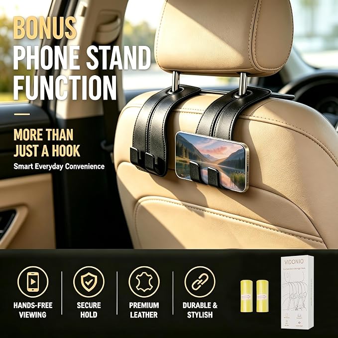 vidonio Car Headrest Hooks, 4 Pack 360° Rotating Double Hooks with Leather-Wrapped Metal Core, Heavy Duty Seat Back Purse Holder for Handbags, Grocery Bags and Backpacks, Black - Image 2
