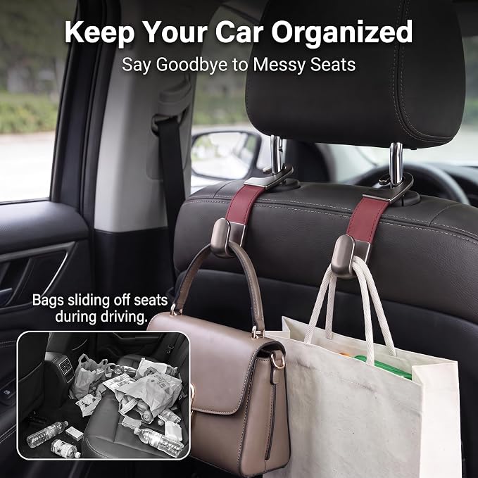 2PCS Leather Metal Car Headrest Hanger, Simple Style Car Seat Headrest Hooks, Multi-Purpose Car Seat Back Organizers, Universal for Purses, Handbags, Bags (Red) - Image 4