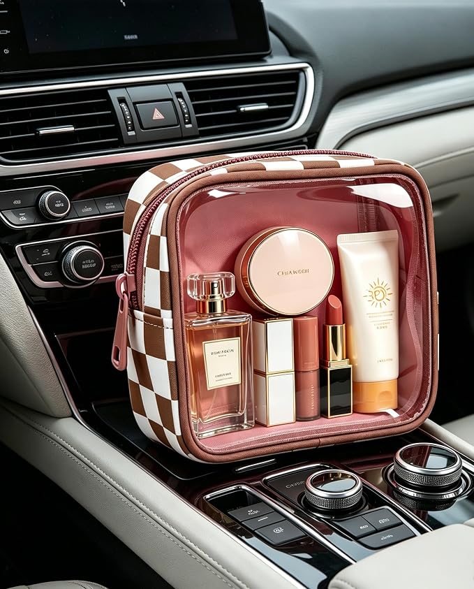 Clear Checkered Makeup Bag, Small Cosmetic Pouch with Zipper Mini Waterproof Makeup Purse Organizer Cute Cosmetic Bag Travel TSA Approved Toiletry Bag Car Organizer for Women Girls (Brown) - Image 4