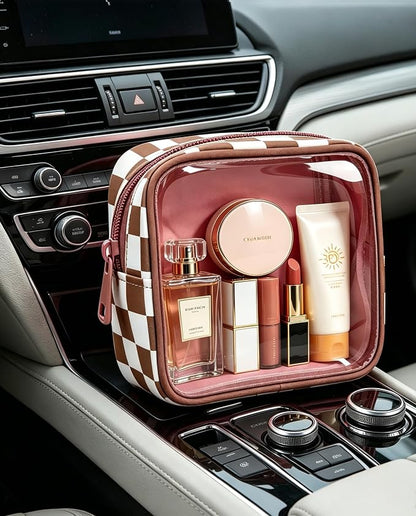 Clear Checkered Makeup Bag, Small Cosmetic Pouch with Zipper Mini Waterproof Makeup Purse Organizer Cute Cosmetic Bag Travel TSA Approved Toiletry Bag Car Organizer for Women Girls (Brown) - Image 4