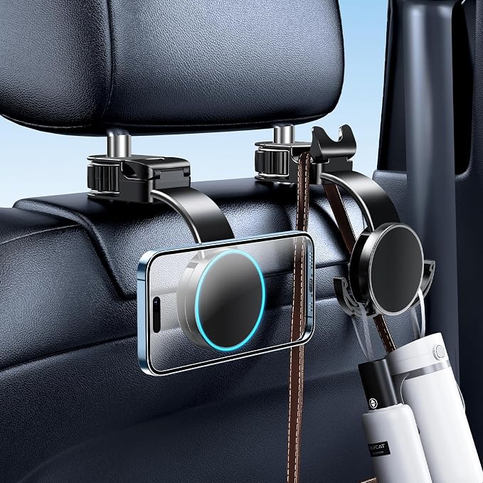 1 Pack Headrest Hook for Car Seat Back with Magnetic Phone Holder, Multifunctional Car Seat Hooks for Purses and Bags Handbag Grocery Bag, Purse Hanger Car Organizers and Storage Accessories by DICMKY