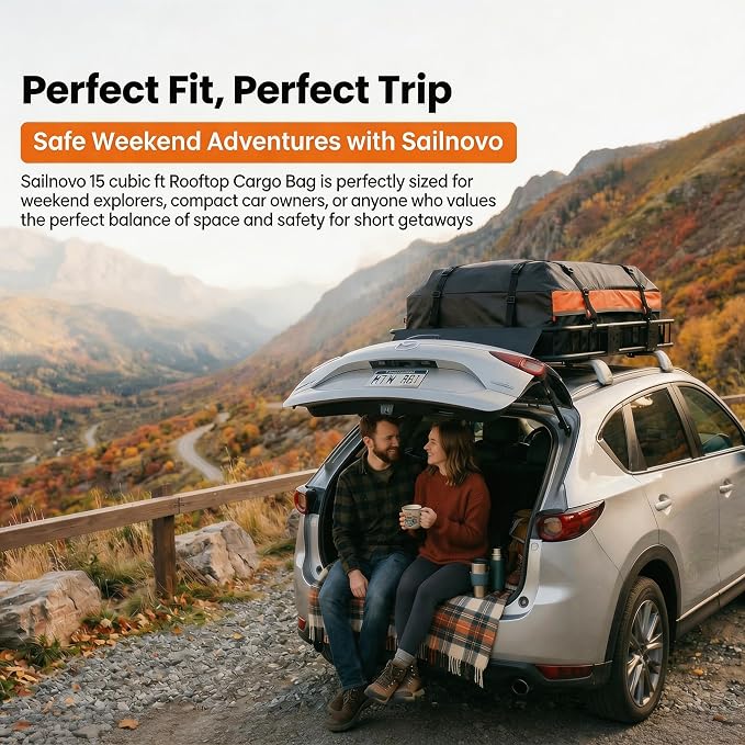 Sailnovo Car Rooftop Cargo Carrier 15 Cubic Feet Waterproof Soft Roof Bag | Heavy Duty 1000D PVC, Fit Vehicle with/without Rack, include Anti-Slip Mat,4 Door Hooks,8 Reinforced Straps,Lock,for Camping - Image 8