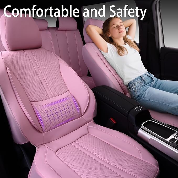 CAR PASS Pink Leather Seat Covers Full Set, Water Resistant 3D Foam Faux Leather Seat Cover, Luxury Comfort Automotive 5 Seat Covers Cute for Women Girly, Universal Fit SUV, Vans, Trucks, All Pink - Image 6