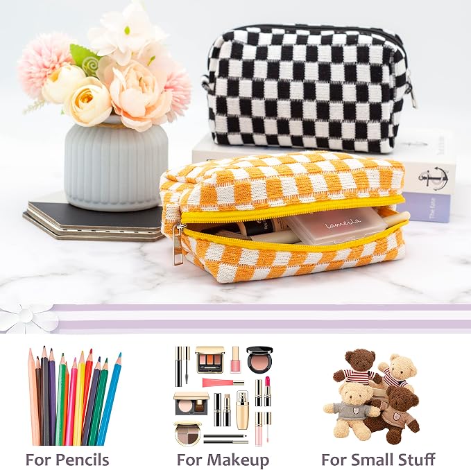 Checkered Makeup Bag for Purse, Small Travel Cosmetic Pouch,Orange,6 Pack | Cute Zipper Makeup Organizer for Women, Travel Essentials, Toiletries, Makeup Brushes, Beauty Accessories&Bridesmaid Gifts - Image 3