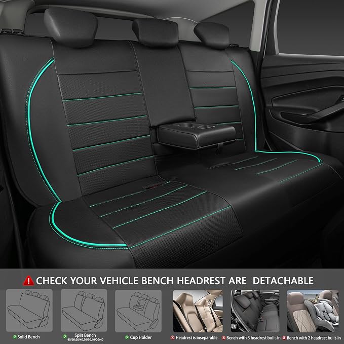 CAR PASS Universal FIT Piping Leather Car Seat Cover, for suvs,Van,Trucks,Airbag Compatible,Inside Zipper Design and Reserved Opening Holes (Full Set, Black and Mint) - Image 4