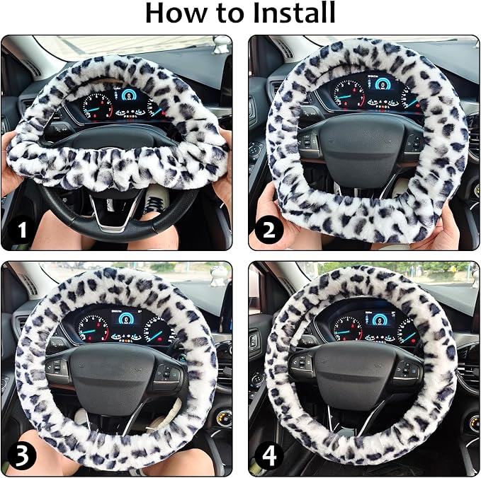 Accmor Fuzzy Car Steering Wheel Cover, Universal Fit Fur Auto Wheel Cover & Handbrake Cover & Gear Shift Cover Set, Leopard Winter Warm Fluffy Vehicle Wheel Protector Car Accessories for Men Women - Image 5