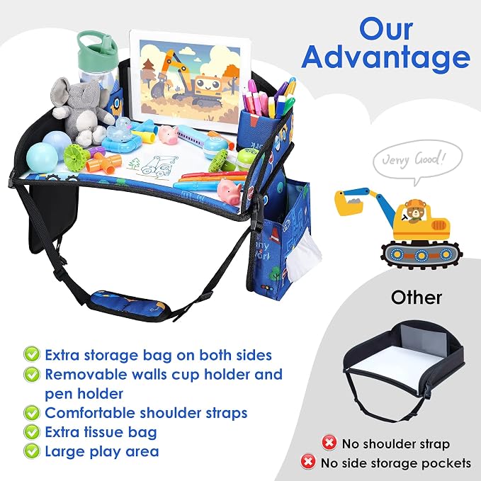 Kids Travel Tray for Toddler Car Seat, Road Trip Activities for Kid | Toddler Car Activities with No-Drop iPad Holder Stand, Roadtrip Essentials with Dry Erase Board & Cooler Cup Holder, Blue - Image 6